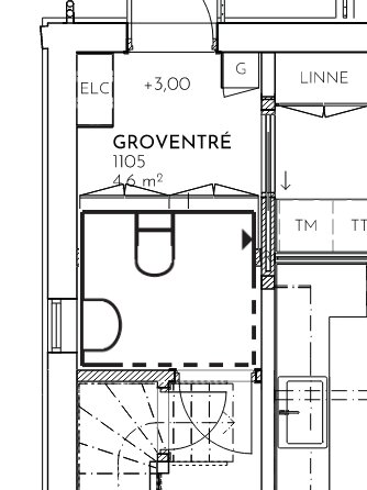 Arkitektonisk ritning, planskiss, entré, måttangivelser, svartvitt, byggnadsdetaljer, 46 kvadratmeter area, pilar, linjer, text.