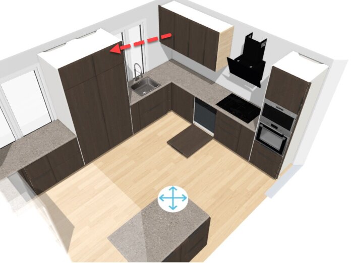 3D-modell av kök, ljusa skåp, mörkt golv, inbyggda vitvaror, ö-motiv, minimalistisk design.