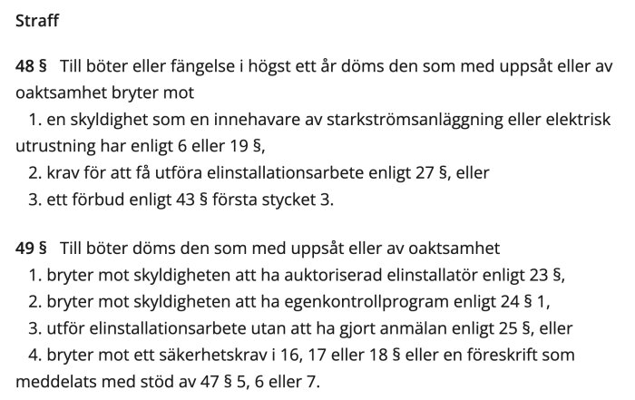 Svensk text om straffrättsliga bestämmelser för överträdelser i elinstallation.