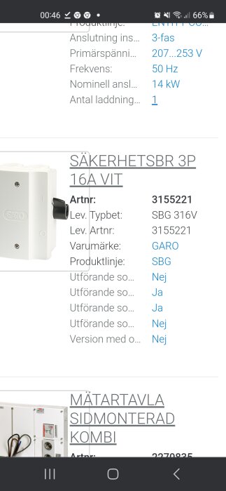 Skärmfoto av elektrisk produktbeskrivning, förmodligen från en webbshop eller katalog.