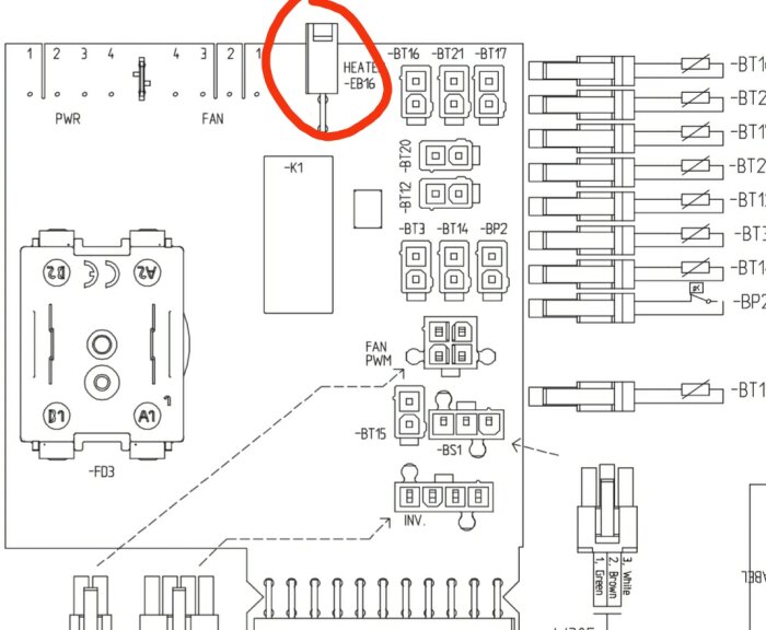 Elektriskt schema med markering över komponent, symboliserar värmeelement eller transistor, anslutningsdetaljer synliga.