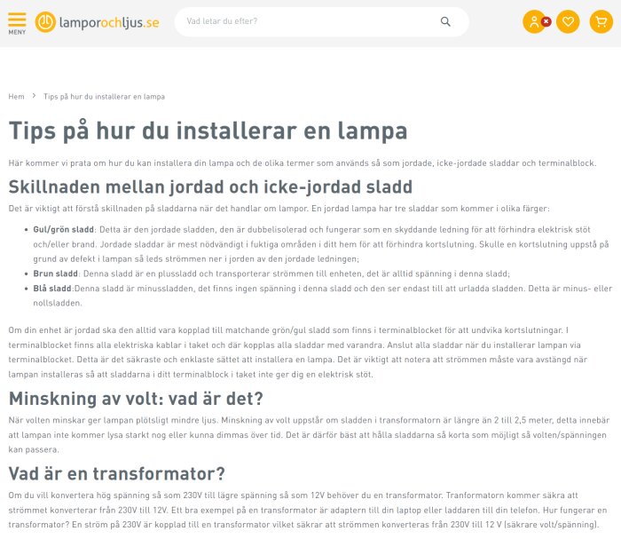 Webbsida med guide för att installera lampa, information om jordade och icke-jordade sladdar, transformatorer.