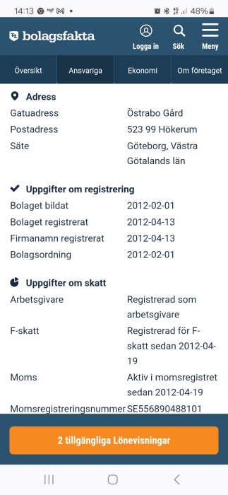 Skärmdump från "bolagsfakta"-webbsida med registreringsinformation om ett företag, inklusive adress och momsstatus.