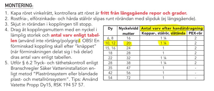 Instruktioner för rörmontering med tabell över kopplingsmuttervarv efter handåtdragning, markerad text, på svenska.