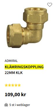 Gul, rörförbindelse, klämringskoppling, 22mm, mässing, till rörinstallation, prissatt 109 kronor, tillgänglig i webblager.