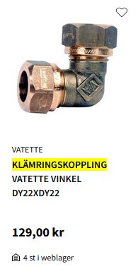 Vinkelrörkoppling av mässing, klämringstyp, för rörinstallation. Prissatt till 129,00 kr. Vattendelare eller anslutning.