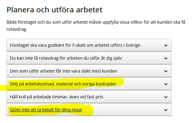 Svensk text om planering och utförande av arbete, RUT-avdrag, kostnadsuppdelning och reseersättning.