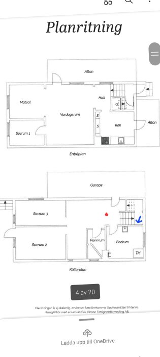 Bild på en ritning för ett hus med två våningar, innehållande olika rum och funktioner, såsom sovrum och kök.