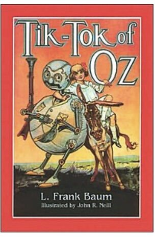 Bokomslag, "Tik-Tok of Oz", robot framför, illustrerad, äventyr, klassisk, L. Frank Baum, ett barn i bakgrunden.