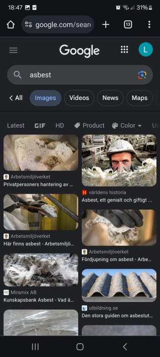 Skärmdump av Google-sökresultat för "asbest" med bilder, information och länkar om ämnet.