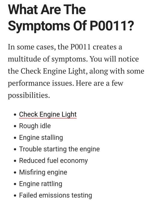 Bild av text som listar symptom på felkod P0011: motorproblem såsom tändningslampa och minskad bränsleekonomi.