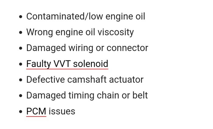 Lista över möjliga problem med motorolja eller VVT-system i ett fordon.