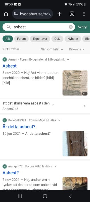 Skärmbild av sökresultat kring asbest på svenskt forum; användarna diskuterar potentiell asbest i byggmaterial.