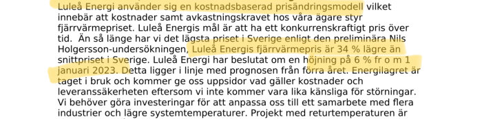 Textutdrag om Luleå Energis fjärrvärmepriser, prisjämförelser och prishöjning från januari 2023.