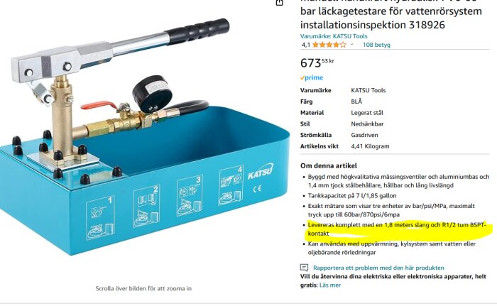 Hydrostatisk tryckprovare för rörsystem, blå behållare, mätverktyg, tryckmanometer, trycktestinställningar.