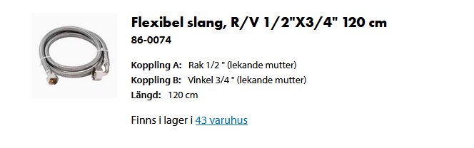 Flexibel metallslang, rak och vinklad koppling, längd 120 cm, tillgänglighet i butiker angiven.