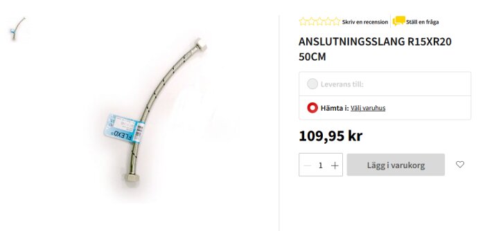 Flexibel anslutningsslang för VVS, 50 cm, omgiven av vit bakgrund, kostar 109,95 svenska kronor.