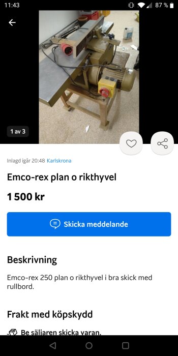 Träbearbetningsmaskin, Emco-rex, till salu på annonsplattform, inklusive rollbord.