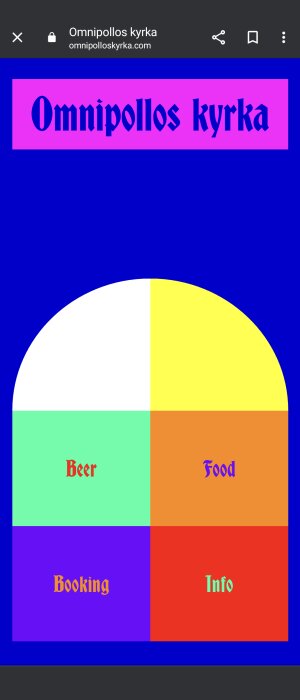 Färgstark mobilskärmbild uppdelad i sektioner för öl, mat, bokningar, information; toppen visar "Omnipollos kyrka".