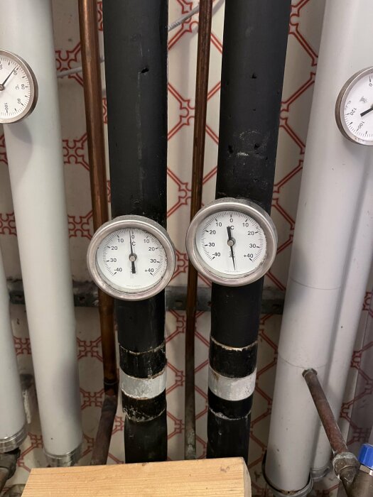 Två termometrar på rör, visar temperaturer, mot bakgrund av andra rör och kakel.