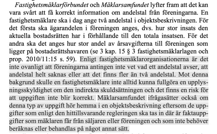 Svensk text om fastighetsmäklare och problem med andelstal i bostadsrättsföreningar.