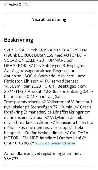 Bild på textannons för en begagnad Volvo V90 D4, utrustningslista, serviceinformation, försäljarens kontaktuppgifter och erbjudanden.