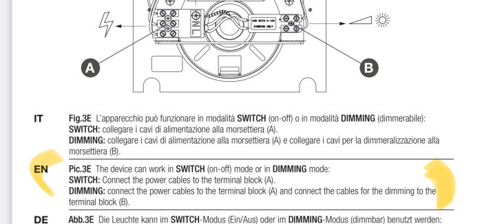 Elektrisk anslutningsguide för enhet, switch- och dimmarlägen, flerspråkig text (italienska, engelska, tyska), belysningsinstruktioner.