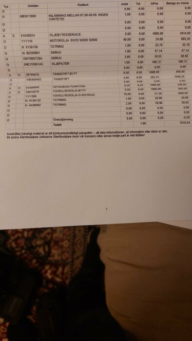 Faktura eller arbetsorder för bilservice på svenska, detaljerade kostnader listade, person med svarta byxor i bakgrunden.