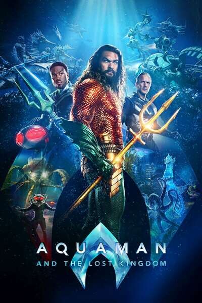 Filmaffisch för "Aquaman" med superhjälte, undervattensmotiv och färgstark grafik.