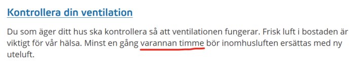 Svensk text uppmanar husägare kontrollera ventilation för hälsosam inomhusluft; minst varannan timme bör luften bytas.