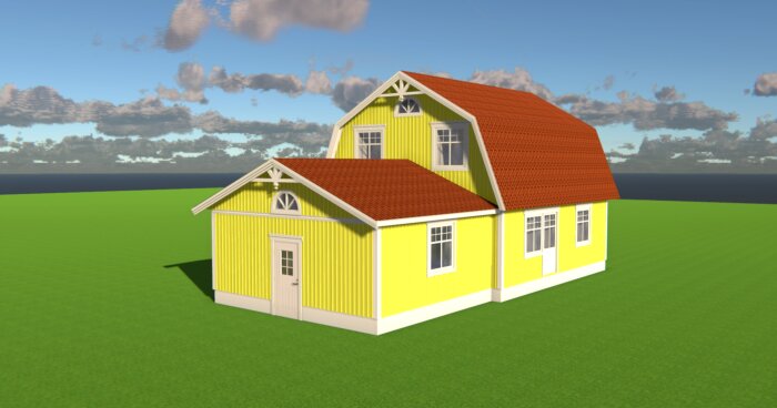 Ett gult hus med rött tak, 3D-renderat, står ensamt på gräsplan under blå himmel med moln.