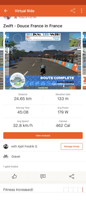 Skärmdump av virtuell cykeltur i Zwift-appen; avklarad rutt, statistik, och prestation presenteras.