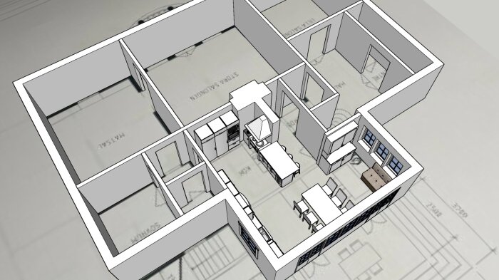 3D-ritning av en lägenhet med möbler, skuggning, utan färg, arkitektonisk stil.