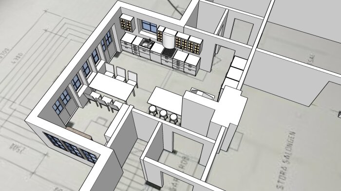 3D-modell av kontorslayout, arbetsstationer, mötesområden, kök, utan tak, gråskala, arkitektonisk design.