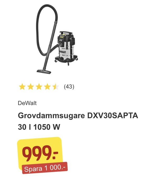 DeWalt grovdammsugare, DXV30SAPTA, 30 liter, 1050 W, fyra stjärnor, rabatterat pris 999 SEK.