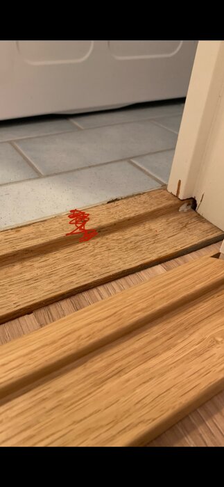 Röd vätska på trätrapp, möjlig spillning, närbild på ett hushållets interiör, fokus på dörrkarm och golv.