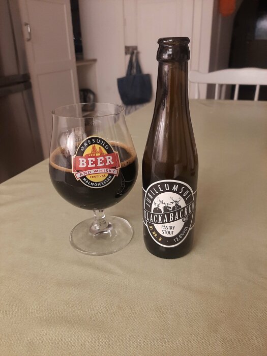 En ölflaska och ett fyllt ölglas på ett bord inomhus. Flasketiketten visar "Pastry Stout".