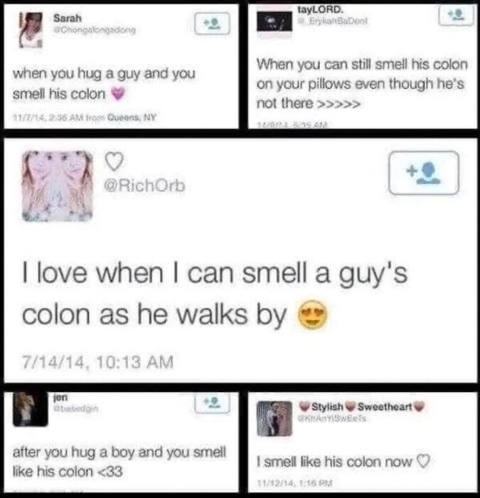 Samling tweets med felsägning: "colon" istället för "cologne" diskuterar lukt relaterat till killar.