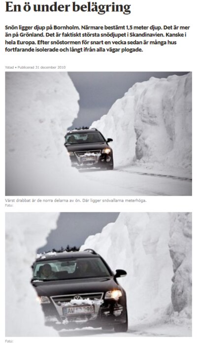 Bil kör genom snötunnel, höga snöväggar, vinter, text om snödjup och isolerade hus.