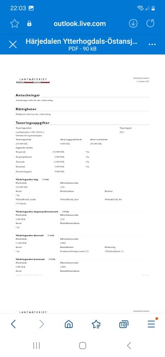 Skärmdump av mobilskärm som visar dokument från Lantmäteriet med taxeringsuppgifter och fastighetsinformation.