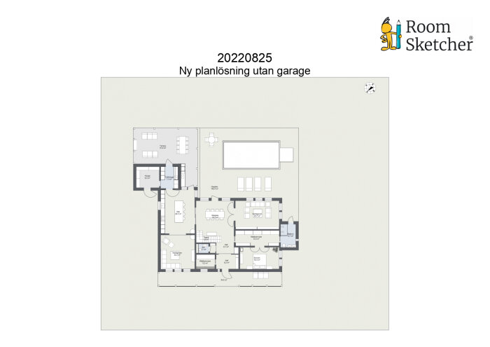 Ritning av husplanlösning utan garage, genererad av RoomSketcher, daterad 25 augusti 2022.