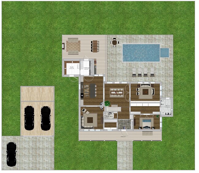 3D-planritning av ett hus med pool, terrass, garage och grönområde.