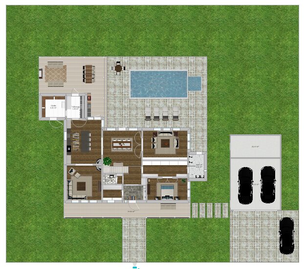 Översiktsplan för enstaka våningshus med pool, terrass, garage och gräsmatta.