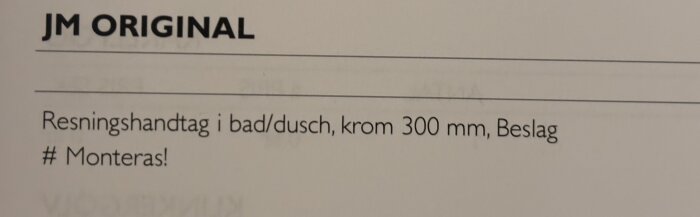 Text på svenska, produktinformation för resningshandtag, krom 300 mm för bad/dusch.