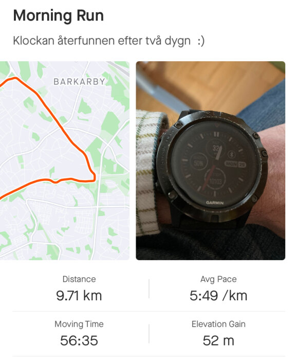 Skärmavbild av löprunda på kartapp, Garmin-klocka på handled, återfunnen klocka firas.