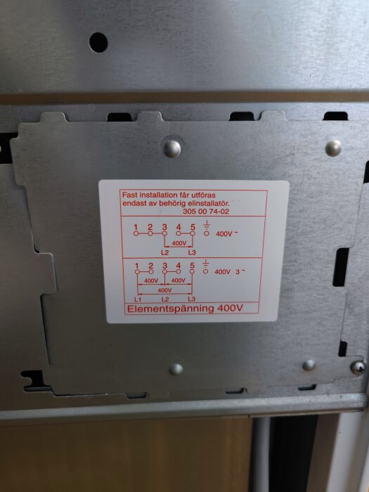 Elutrustning med kopplingsschema, varningstext, "Endast behörig installatör", och indikation på 400V elementspänning.