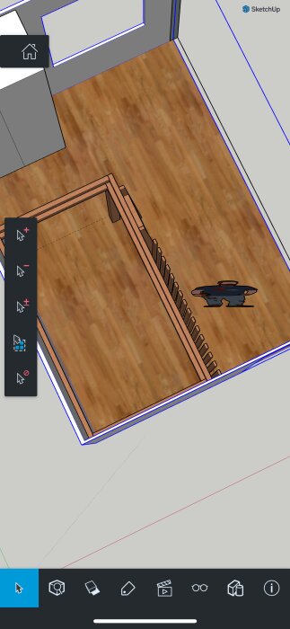 3D-modell i SketchUp med trappa, verktygspaneler, trämönstrat golv, gråa och blåa linjer.