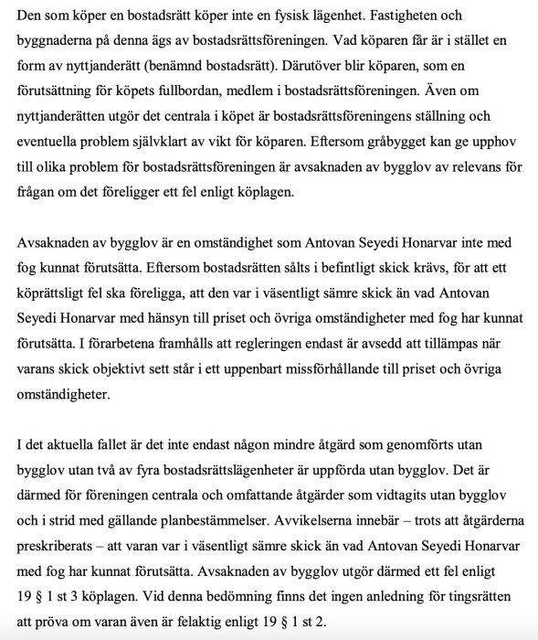 Text på svenska om bostadsrätt, bygglov och köprättsliga fel. Diskuterar köparens förväntningar och bygglovets frånvaro.