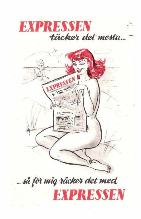 Illustrerad reklam med rödhårig kvinna som läser tidningen "Expressen"; retrostil, text på svenska, strand i bakgrunden.