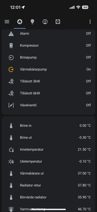 Skärmdump av styrpanel för uppvärmningssystem som visar status och temperaturer på komponenter i realtid.